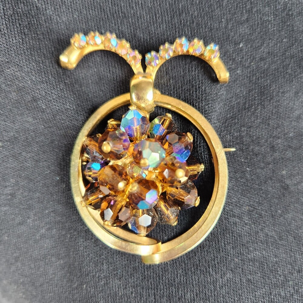Vintage Lady Bug Brooch Pin Aurora Borealis Glass Beads Gold Tone Insect 60's